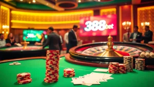 Join the excitement of 388bet with a dynamic casino scene featuring poker chips and a roulette wheel.