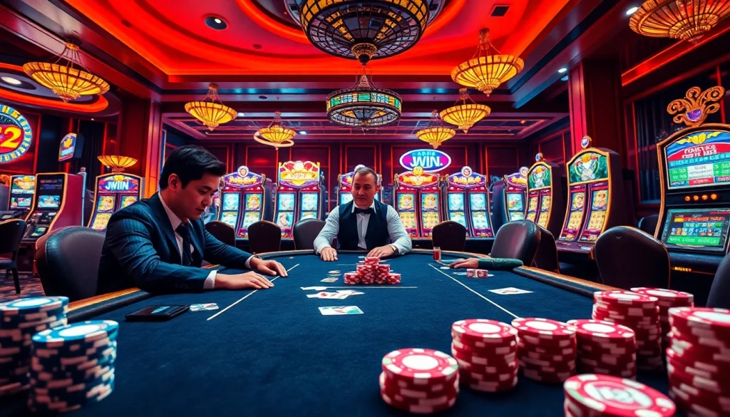 Experience the excitement of poker and slots at 32 WIN, showcasing a vibrant online casino atmosphere.