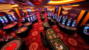 Exciting gambling scene with poker tables and slot machines at nhà cái xin88 casino.