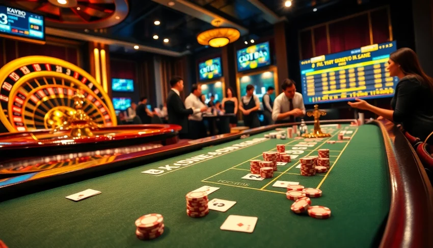 KQBD hôm nay displayed on electronic board in luxurious casino, with a lively blackjack table and roulette wheel nearby.