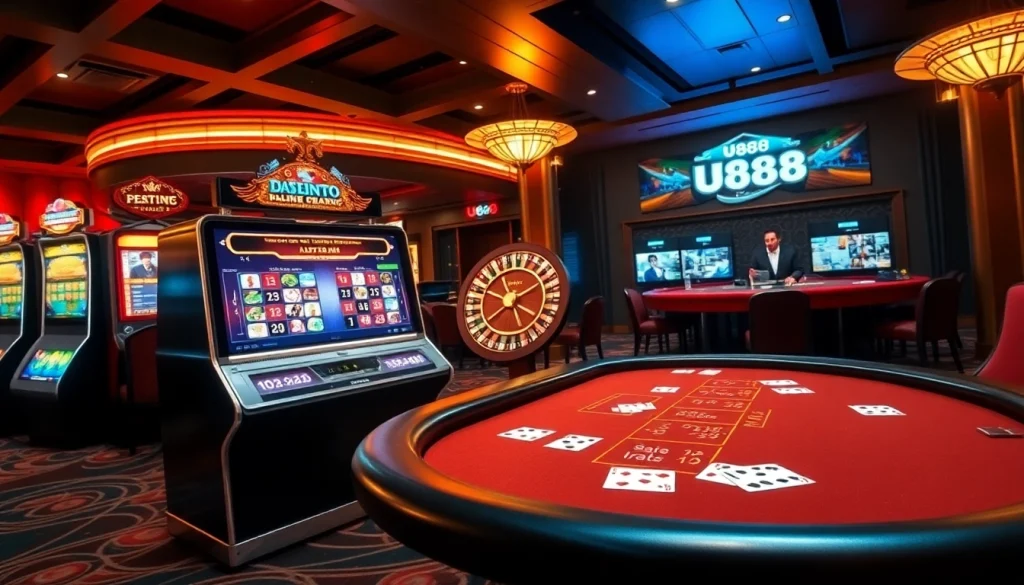 U888 gamblers enjoying a modern casino experience with live dealers and vibrant slot machines.