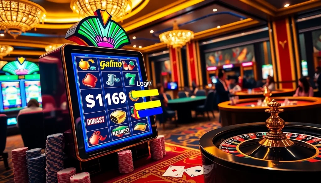 Accessing the slot naga169 login interface amidst a vibrant casino atmosphere with betting chips and cards.