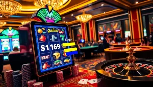 Accessing the slot naga169 login interface amidst a vibrant casino atmosphere with betting chips and cards.