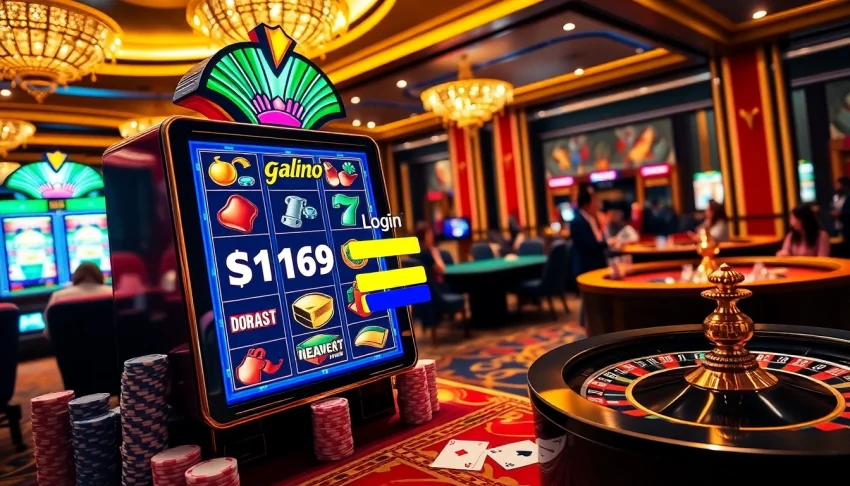 Accessing the slot naga169 login interface amidst a vibrant casino atmosphere with betting chips and cards.