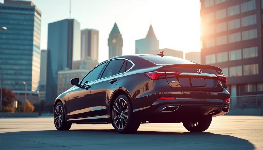 Enhance privacy and style with window tinting Cleveland TN featuring a sleek car against a vibrant city backdrop.