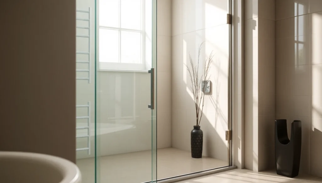Showcasing sleek sliding shower doors in a modern bathroom, emphasizing elegance and design.