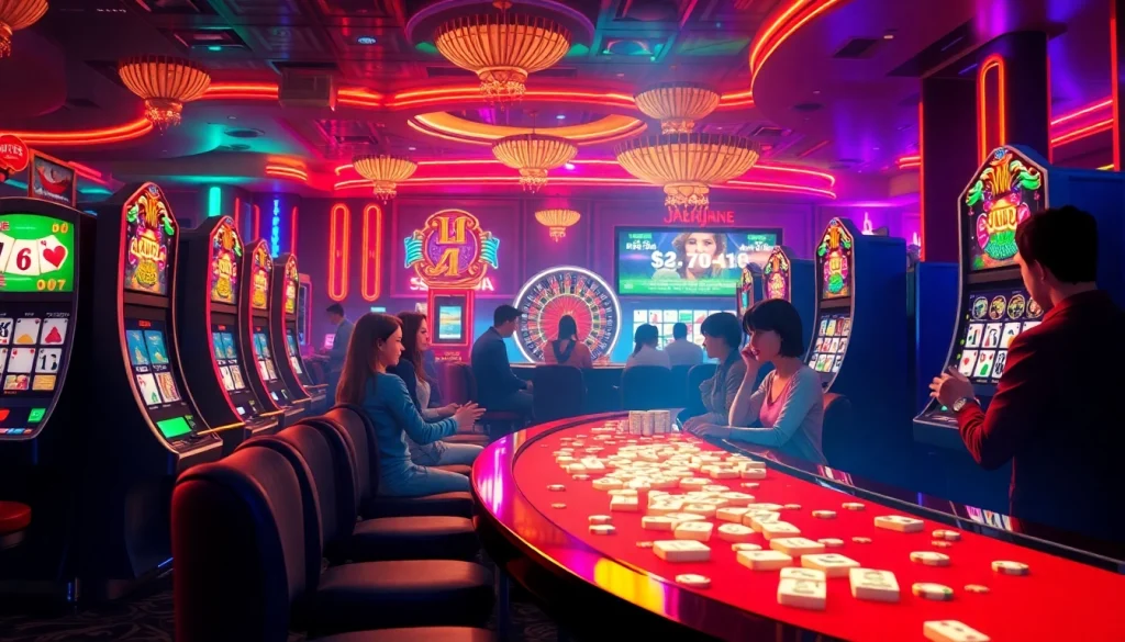 Spin the reels of the mahjong slot demo amidst an exciting casino atmosphere filled with players enjoying their games.