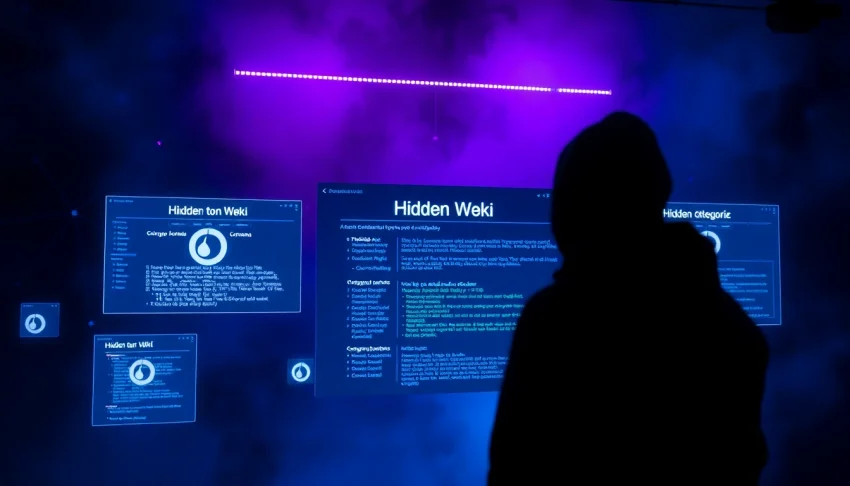 The hidden wiki interface displaying .onion links amid a dark web exploration atmosphere.
