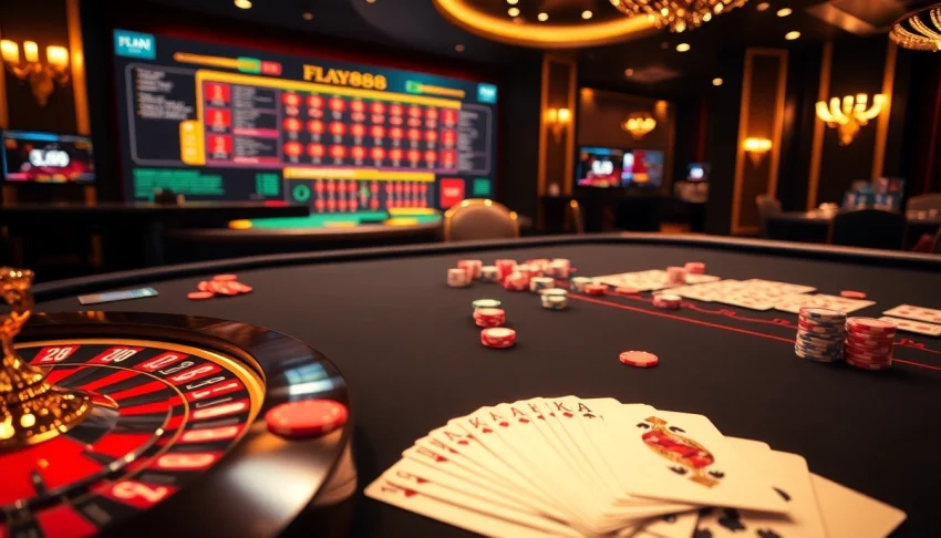 FLY888 casino scene featuring a roulette wheel, poker chips, and playing cards in an elegant setting.