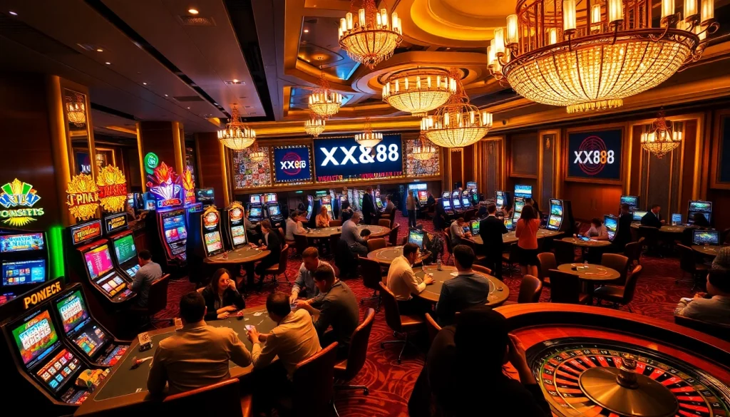 Experience thrilling action at XX88's luxury casino environment with vibrant gaming activities.