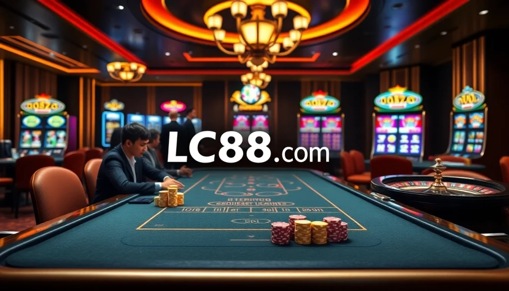 Players enjoying an exciting poker game at Lc88x.com casino with vibrant slots and roulette tables in the background.