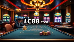 Players enjoying an exciting poker game at Lc88x.com casino with vibrant slots and roulette tables in the background.