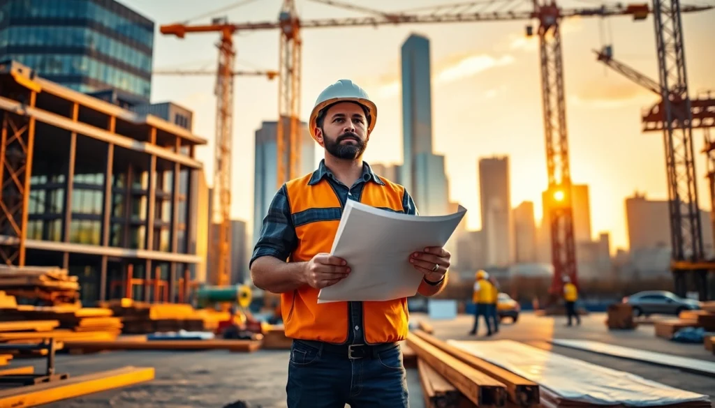 Manhattan General Contractor managing a construction site under golden hour lighting.