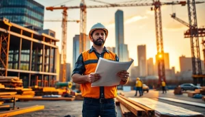 Manhattan General Contractor managing a construction site under golden hour lighting.