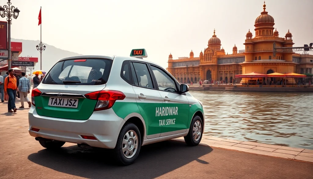 Haridwar Taxi Service featuring a modern taxi by the Ganga River reflecting vibrant culture.