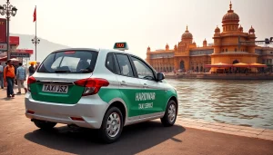 Haridwar Taxi Service featuring a modern taxi by the Ganga River reflecting vibrant culture.