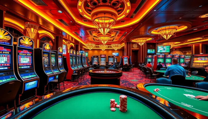 Exciting casino gaming experience with xx88 link opportunities depicted through vibrant slot machines and roulette tables.