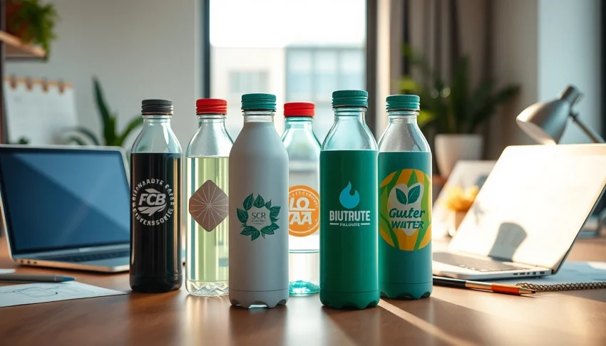 Gyvybingos, individualiai pritaikytos gertuvės su spauda rodomos modernioje darbo erdvėje.