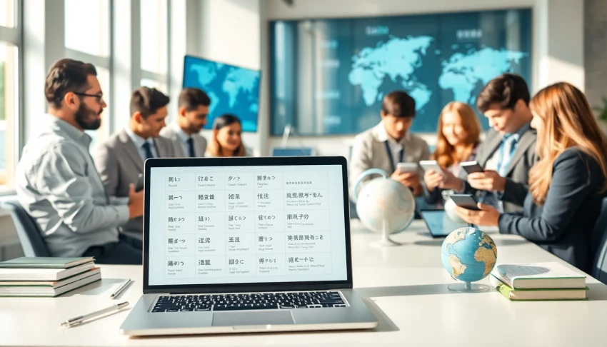Dynamic professionals engaging with the网易有道翻译 translation tool in a modern workspace.