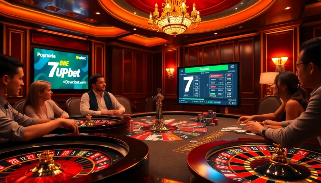 Gamblers enjoy a thrilling poker game with 7upbet odds displayed on digital screens.