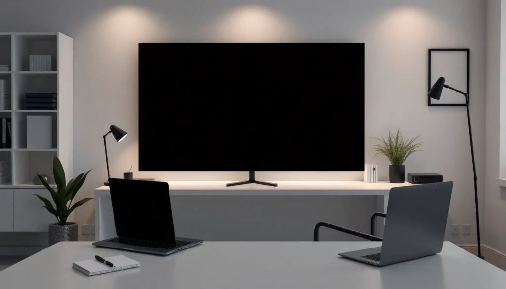 Black screen (pantalla negra) in a modern office setting, promoting focus and minimalism.