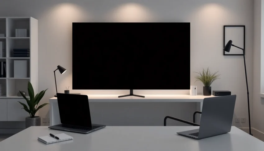 Black screen (pantalla negra) in a modern office setting, promoting focus and minimalism.