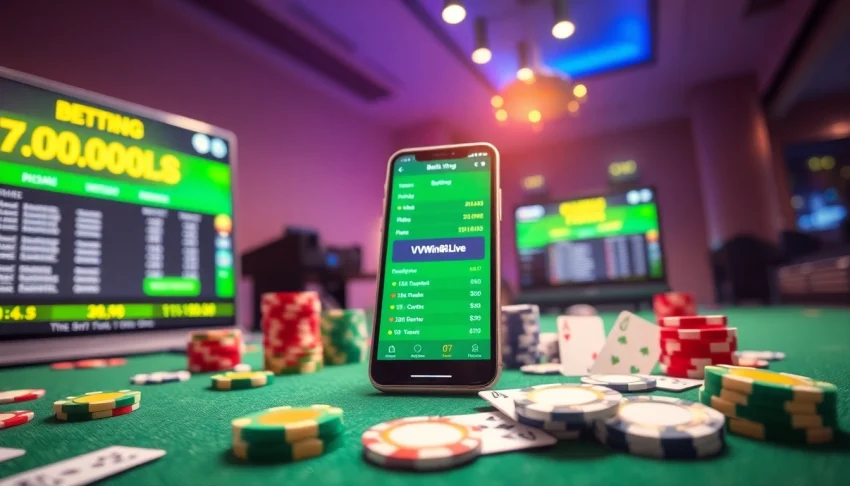 Experience seamless online betting with vvvwin88.live on a smartphone amidst casino elements.