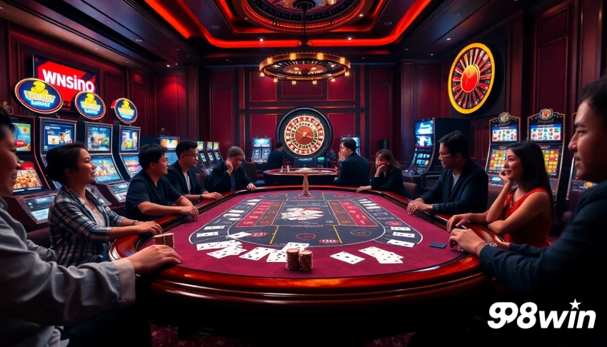 Players enjoying a thrilling experience at nhà cái 98win casino table with vibrant cards and chips.