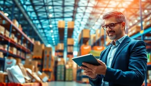 A visual representation of amazon company overview, depicting e-commerce operations with a businessperson analyzing data amidst a dynamic marketplace.