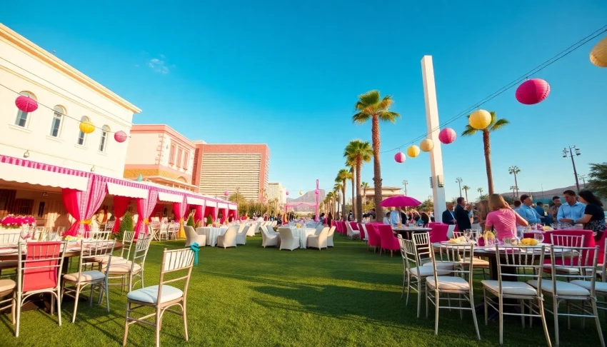 Las Vegas Chair Rentals featuring an elegant outdoor event setup with diverse seating options and vibrant decorations.