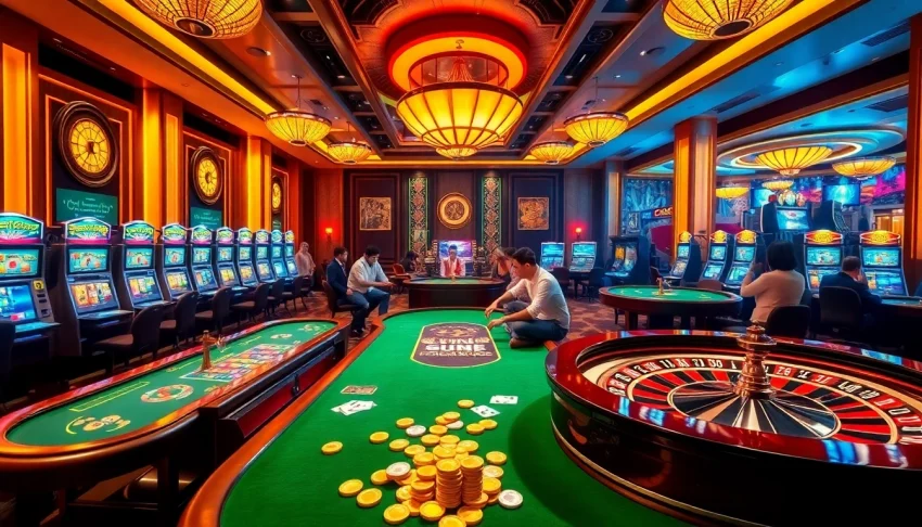 Engage in thrilling games at Trang chủ QQ88, featuring vibrant casino tables and exciting slot machines.