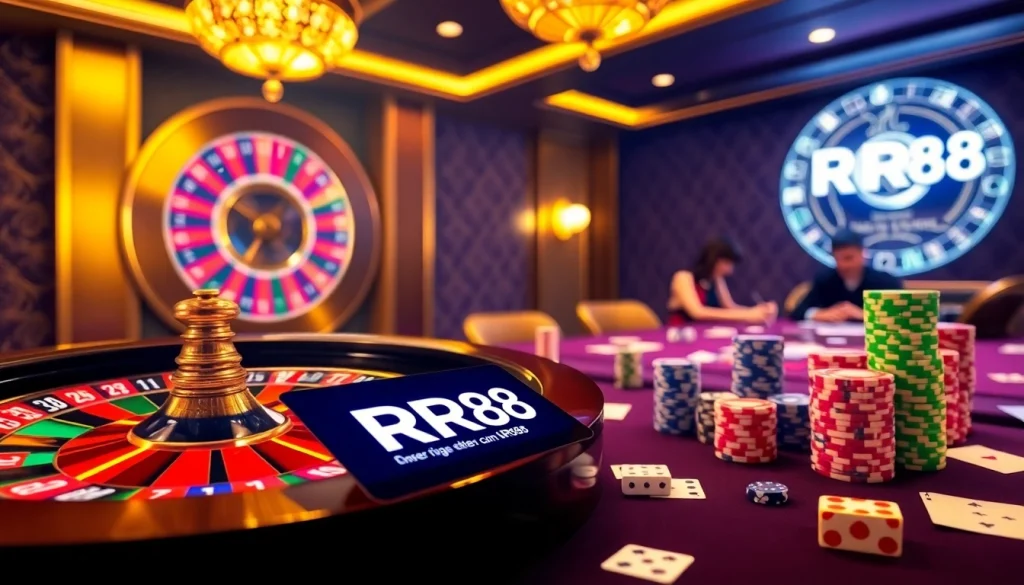Experience the thrill of RR88 casino betting with vibrant chips and roulette wheels.