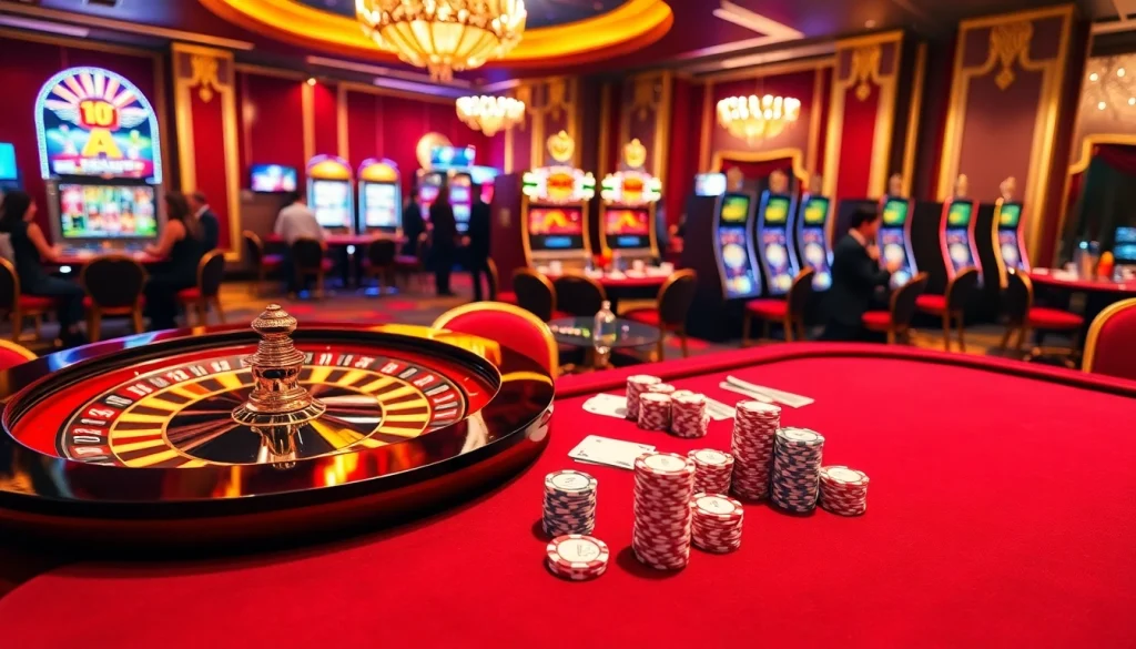 A dynamic casino scene at mk8th.net showcasing poker, roulette, and slot machines with excited players.