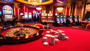 A dynamic casino scene at mk8th.net showcasing poker, roulette, and slot machines with excited players.