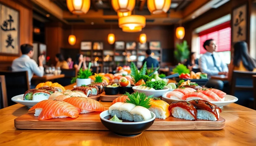 Menikmati slot depo 1000 dengan hidangan sushi penuh warna di restoran.