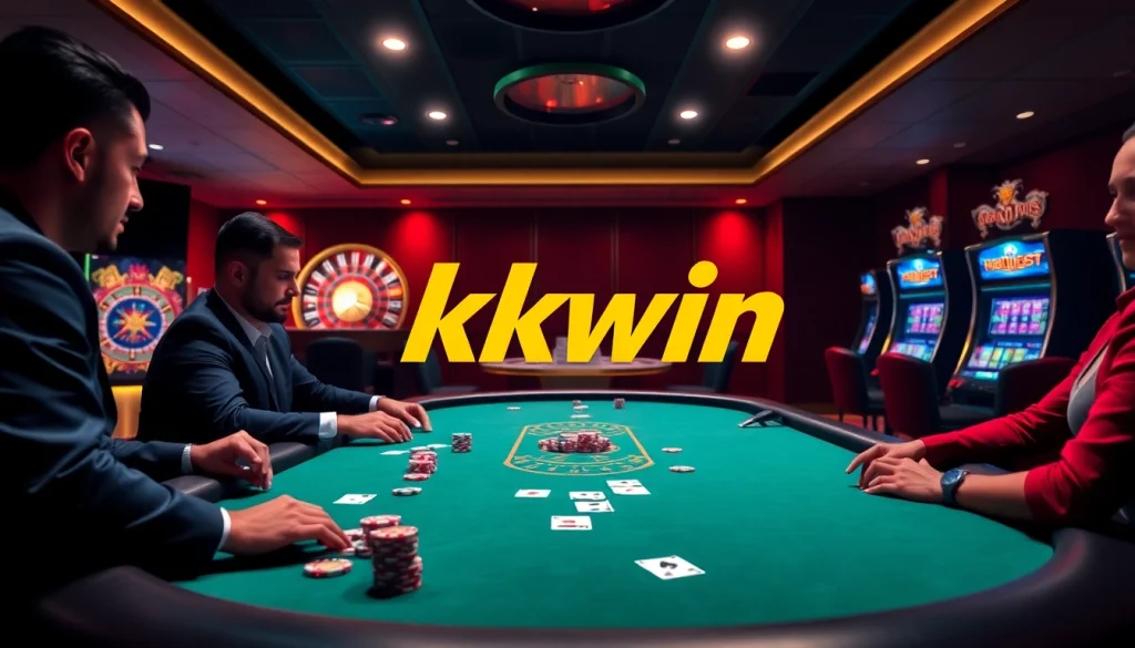 Engage in thrilling gameplay at kkwin casino with vibrant poker chips and illuminated slot machines.