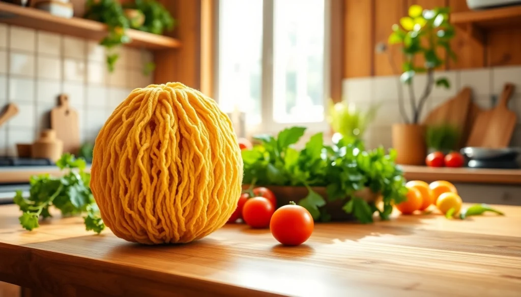 Explore kitchen loofah benefits through vibrant kitchen setup showcasing its natural charm and eco-friendliness.