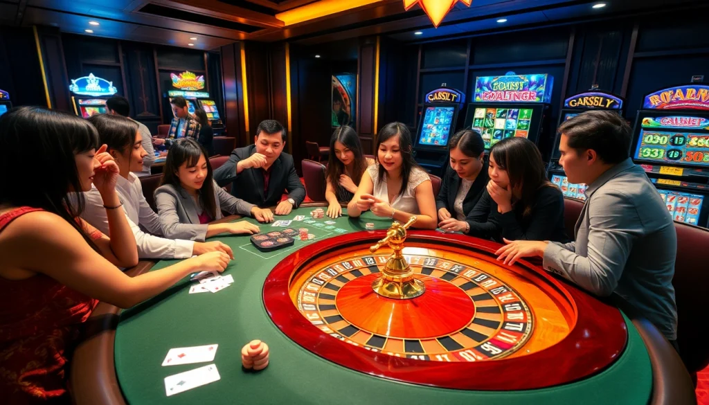 Sbobet players engaging at a luxurious casino table with vibrant cards and chips.