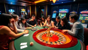 Sbobet players engaging at a luxurious casino table with vibrant cards and chips.