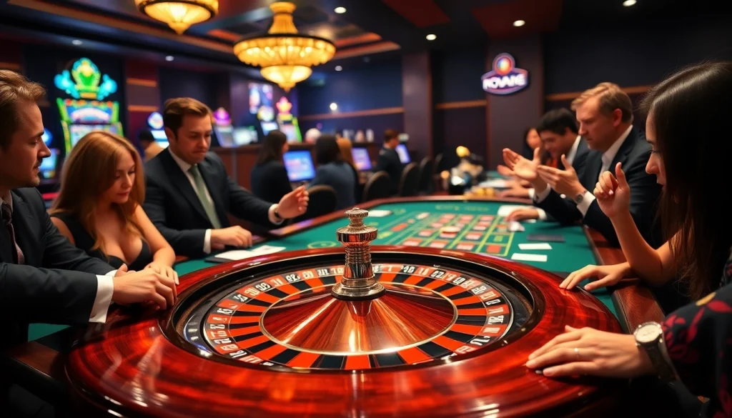 Players engage at a vibrant casino table featuring nova88 betting elements in an upscale environment.