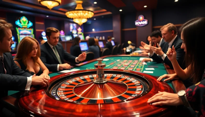 Players engage at a vibrant casino table featuring nova88 betting elements in an upscale environment.