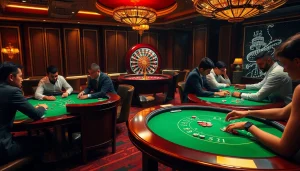 Man88 showcases an exhilarating casino scene with players engaged in strategic poker and blackjack.