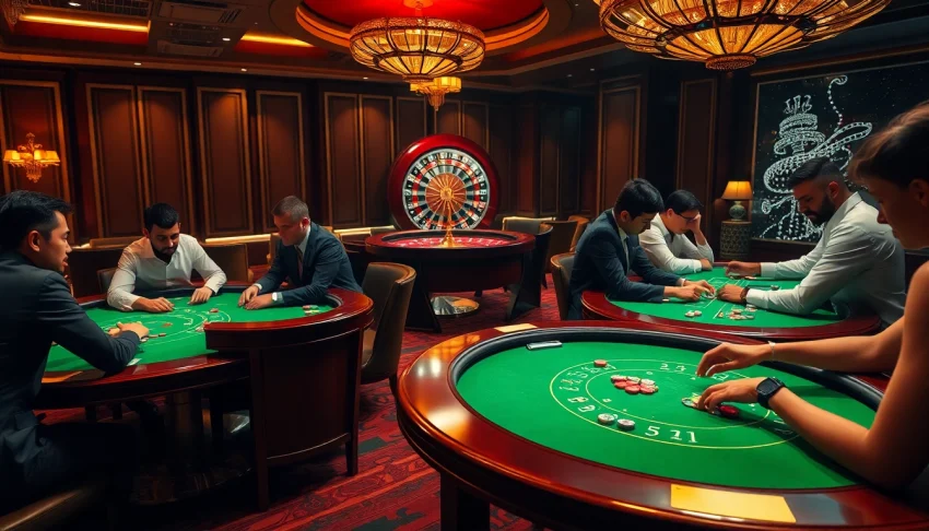 Man88 showcases an exhilarating casino scene with players engaged in strategic poker and blackjack.