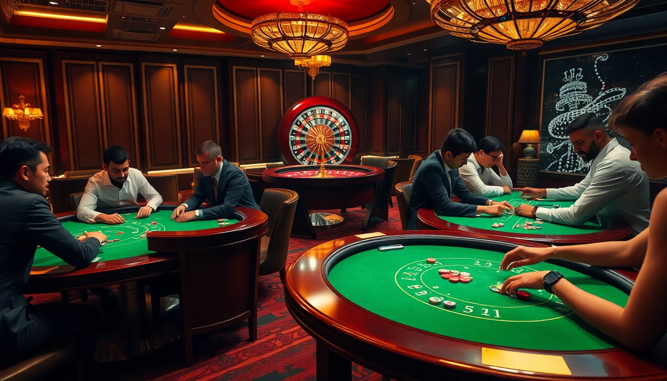 Man88 showcases an exhilarating casino scene with players engaged in strategic poker and blackjack.