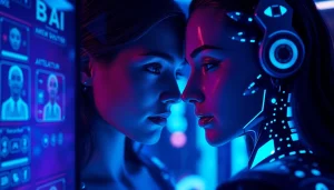 Engaging NSFW AI interaction showcasing customizable holographic characters in a futuristic digital environment.