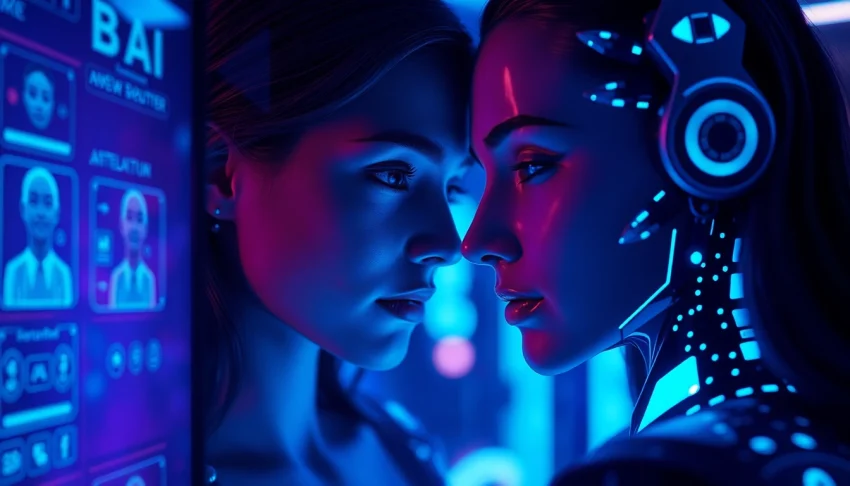 Engaging NSFW AI interaction showcasing customizable holographic characters in a futuristic digital environment.