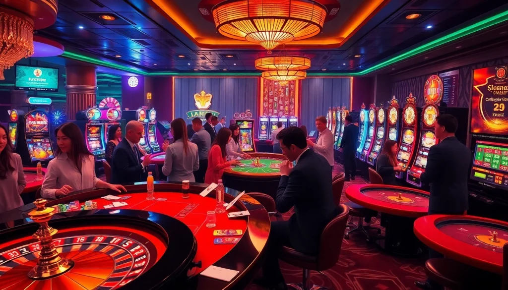 Gamblers enjoying games at 555win com's luxurious online casino, featuring tables and slots.