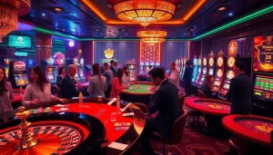 Gamblers enjoying games at 555win com's luxurious online casino, featuring tables and slots.