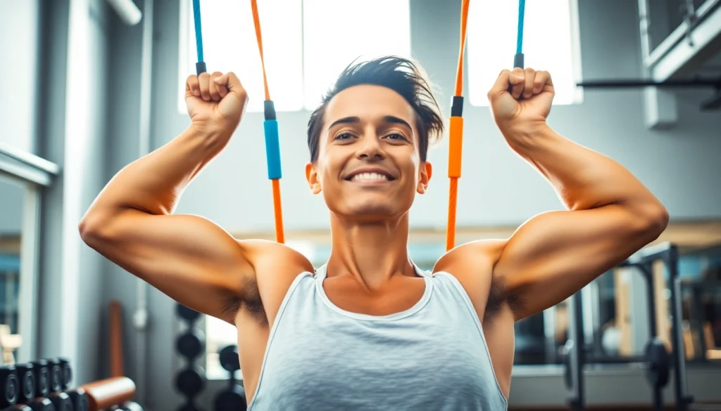 Strong individual using assisted pull-up bands in a bright gym setting for effective strength training.