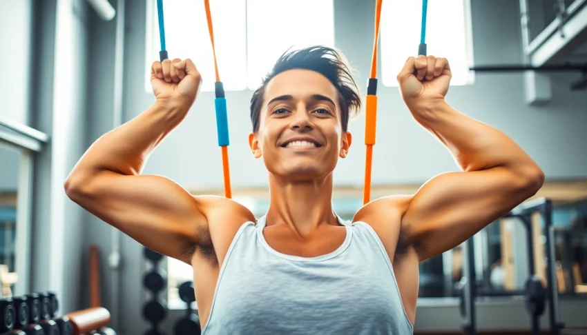 Strong individual using assisted pull-up bands in a bright gym setting for effective strength training.